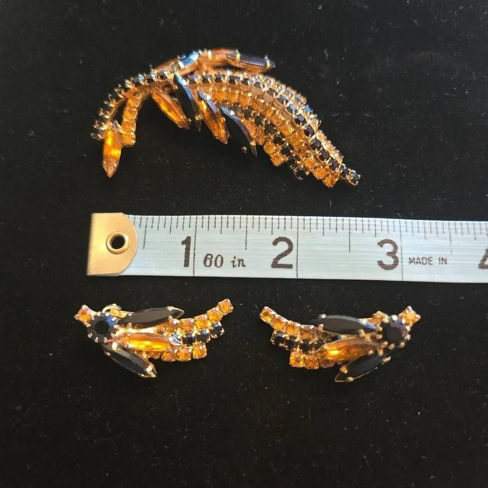 Vintage Rhinestone Brooch Pin & Earrings Set Black and Orange